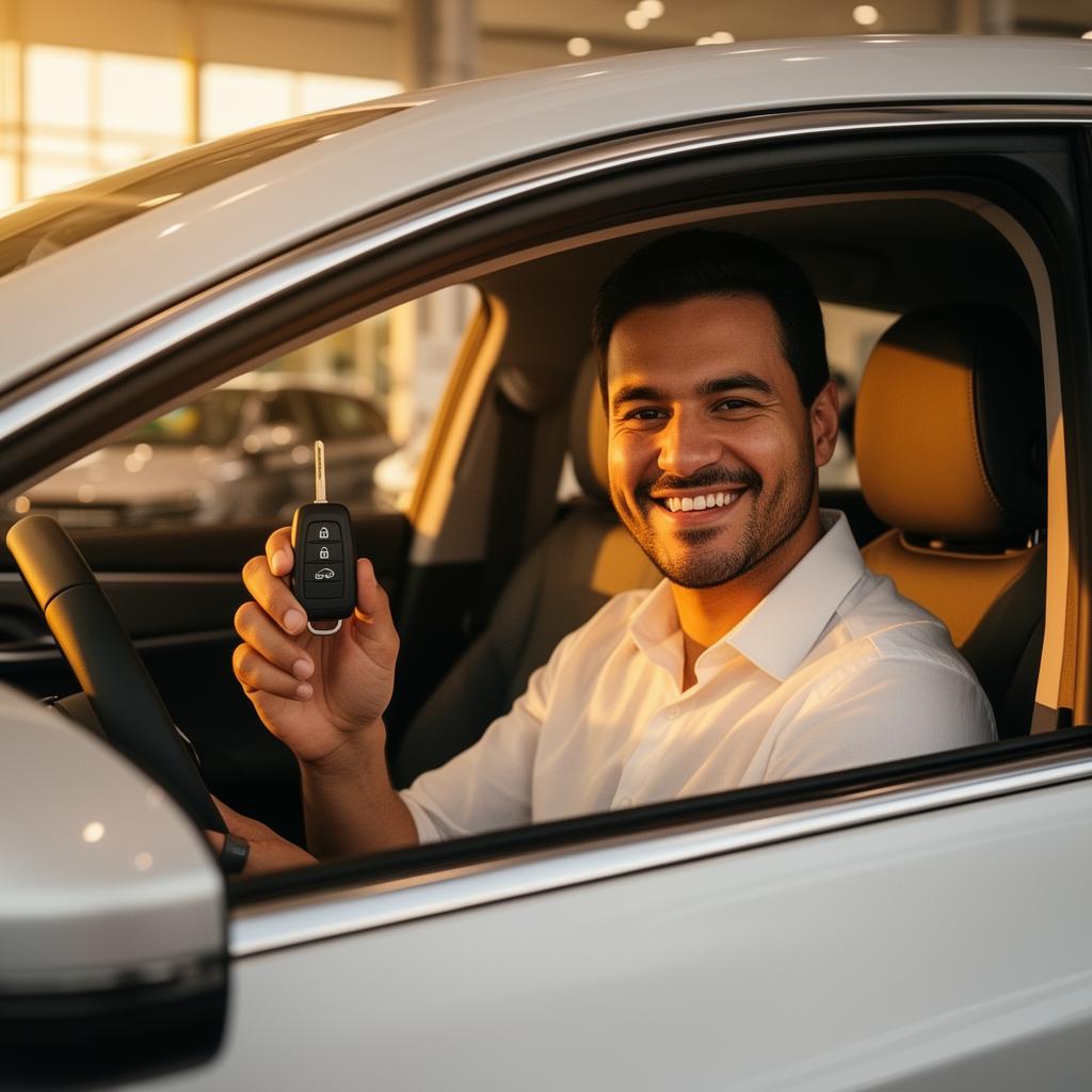 Motorista de aplicativo celebrando a aprovação do crédito dentro do seu BYD